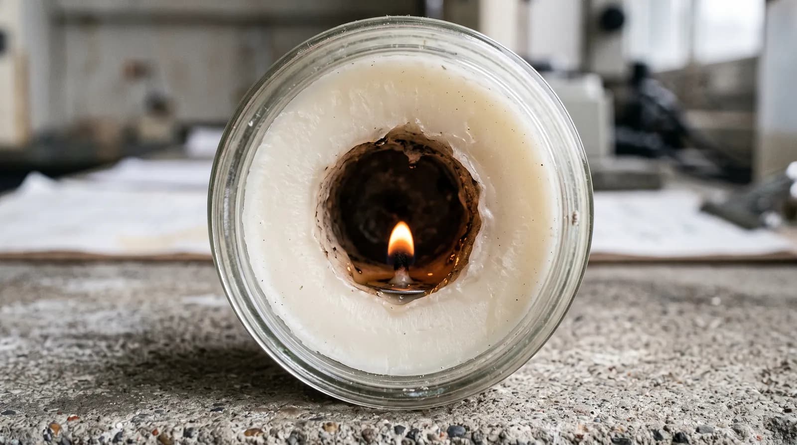 Overhead view of a tunneled candle, showing a deep hole burned around the wick and a thick wall of unburned wax against the glass